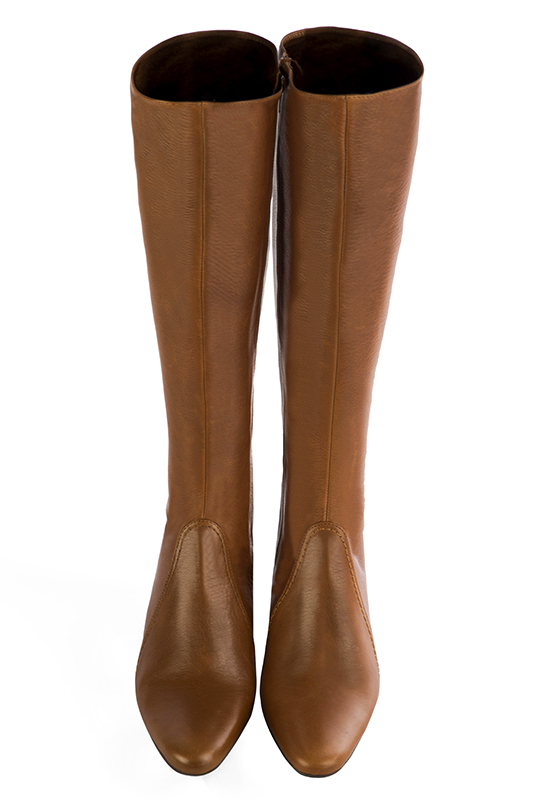 Caramel brown women's feminine knee-high boots. Round toe. Low flare heels. Made to measure. Top view - Florence KOOIJMAN